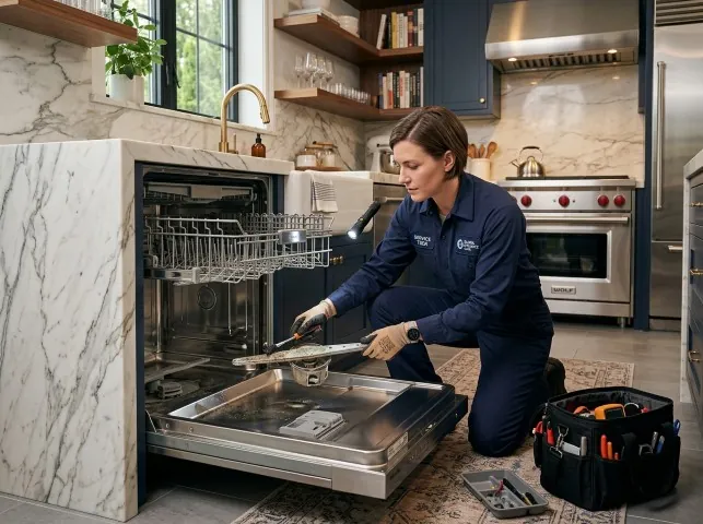 Appliance Repair Hero technician servicing a built-in dishwasher in a Broaddus, TX kitchen