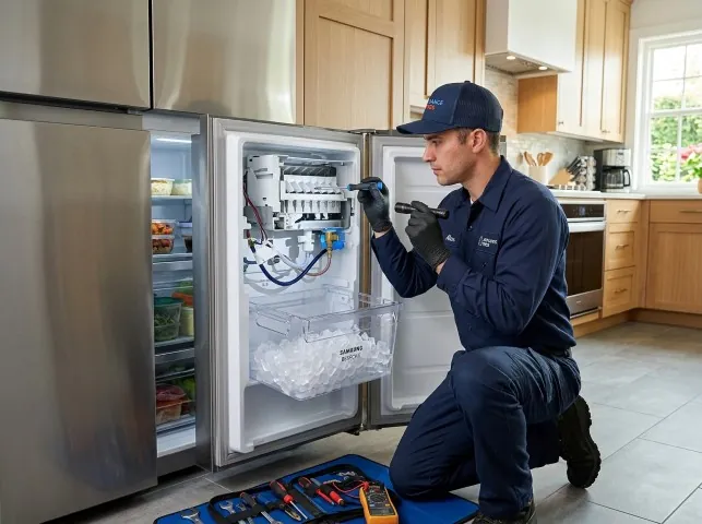 Appliance Repair Hero technician repairing a refrigerator ice maker in Broaddus, TX