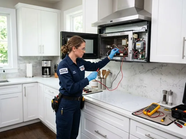 Appliance Repair Hero technician testing an over-the-range microwave in a Broaddus, TX kitchen