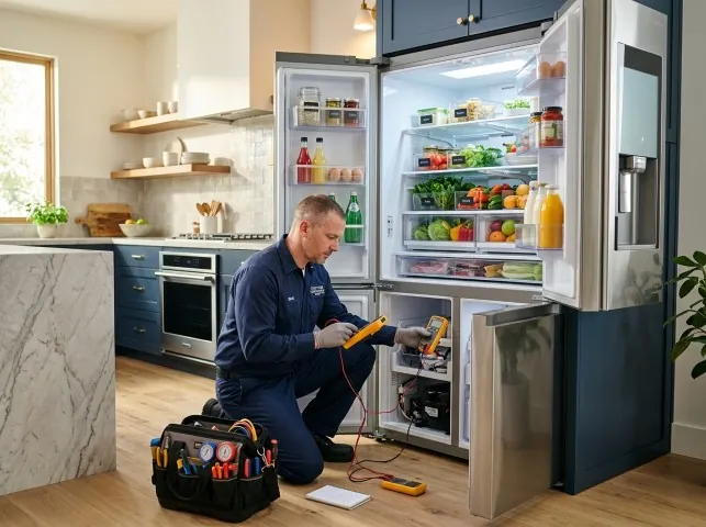 Appliance Repair Hero refrigerator technician testing a fridge on a Broaddus, TX service call
