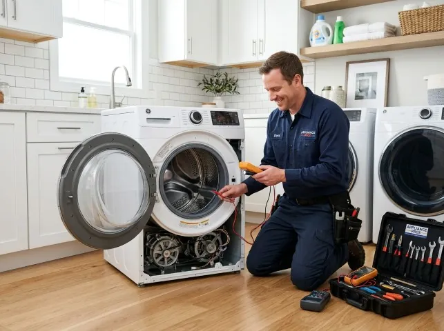 Appliance Repair Hero technician testing a front-load washer with a multimeter on a Broaddus, TX service call